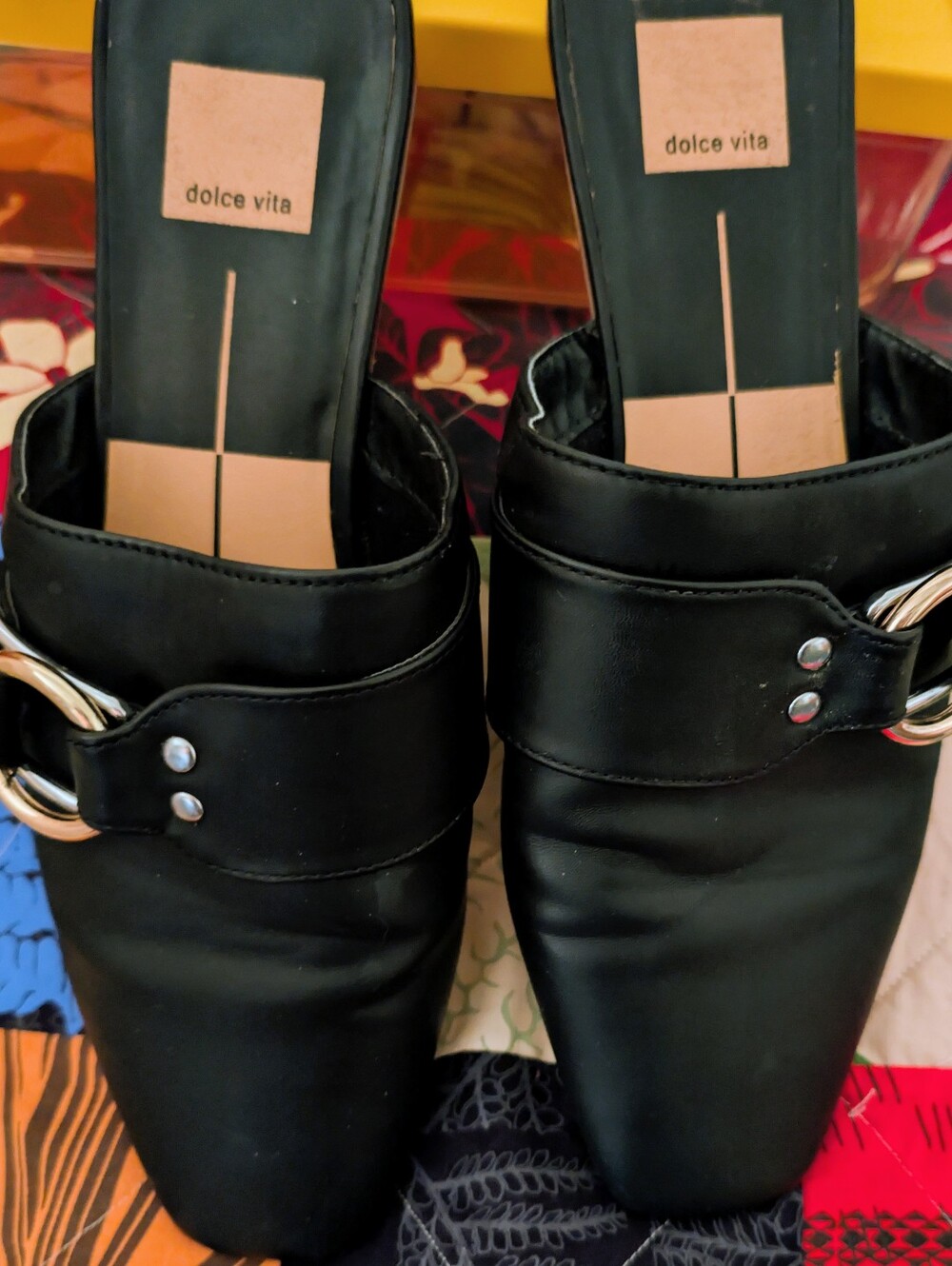 Dolce Vita Black Slip-On Mules with Silver Ring Buckle Accent Size 93